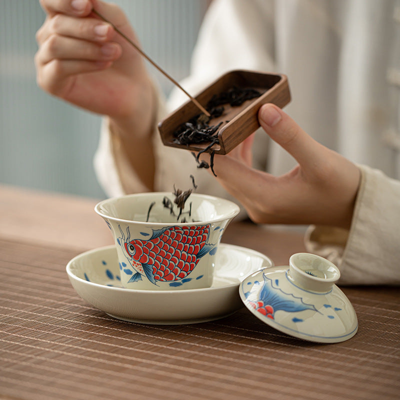 Buddha Stones鯉アロワナ陶器蓋湾三彩ティーカップカンフーティーカップ蓋付き130ml