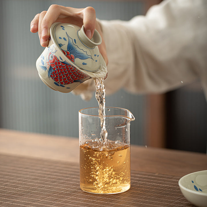 Buddha Stones鯉アロワナ陶器蓋湾三彩ティーカップカンフーティーカップ蓋付き130ml