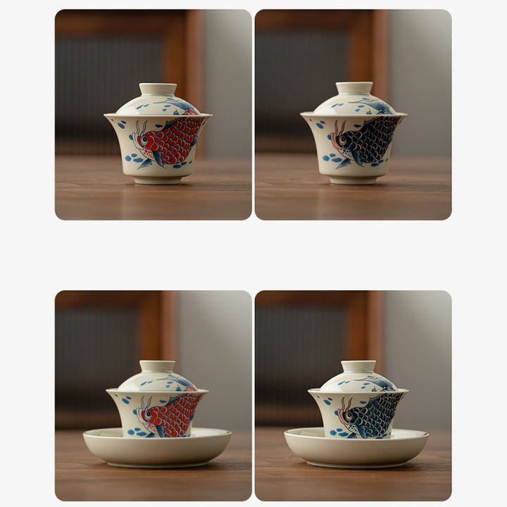 Buddha Stones鯉アロワナ陶器蓋湾三彩ティーカップカンフーティーカップ蓋付き130ml