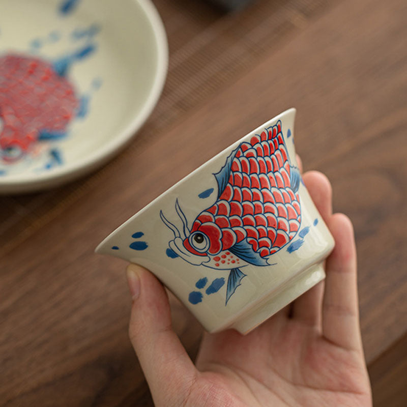 Buddha Stones鯉アロワナ陶器蓋湾三彩ティーカップカンフーティーカップ蓋付き130ml