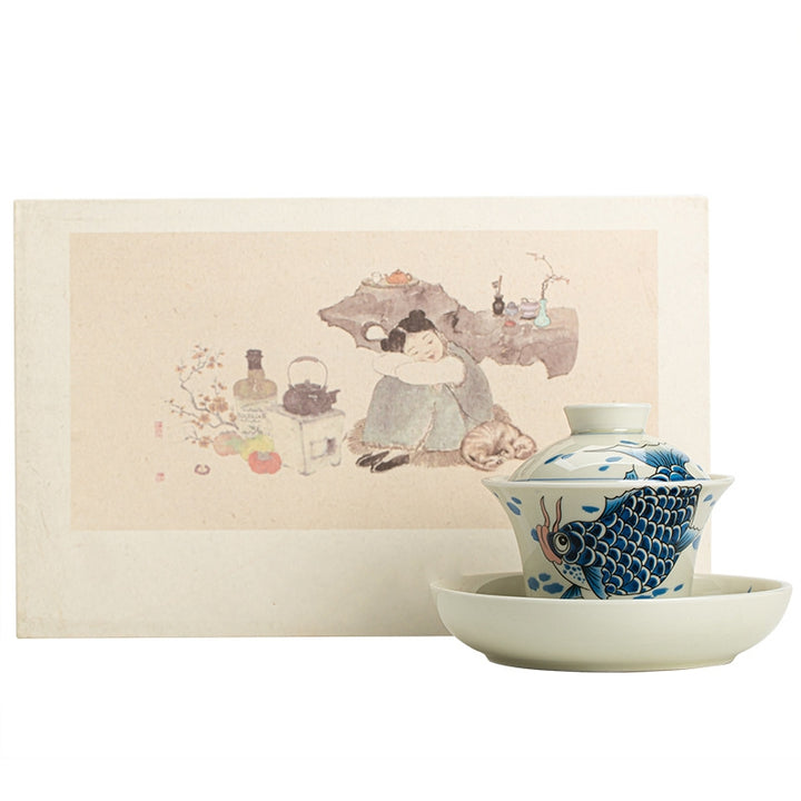 Buddha Stones鯉アロワナ陶器蓋湾三彩ティーカップカンフーティーカップ蓋付き130ml