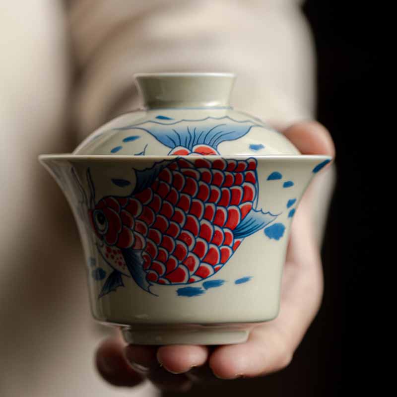 Buddha Stones鯉アロワナ陶器蓋湾三彩ティーカップカンフーティーカップ蓋付き130ml