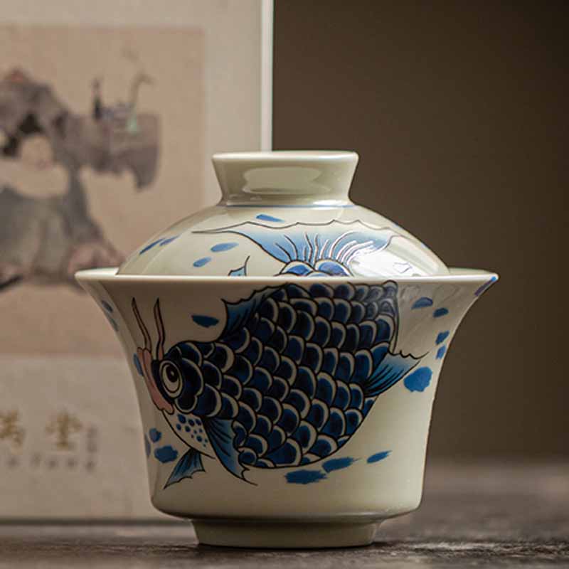 Buddha Stones鯉アロワナ陶器蓋湾三彩ティーカップカンフーティーカップ蓋付き130ml