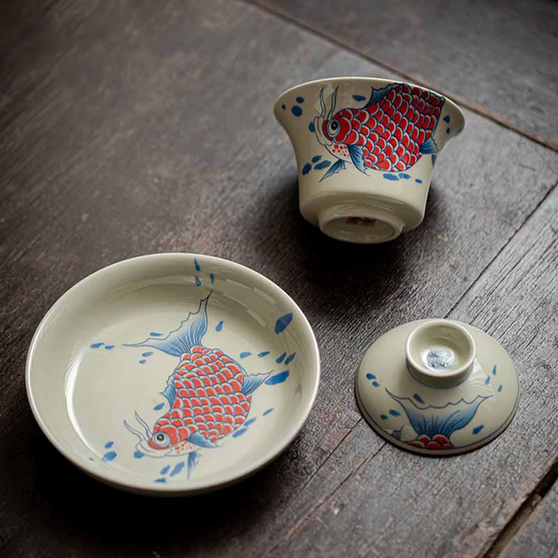 Buddha Stones鯉アロワナ陶器蓋湾三彩ティーカップカンフーティーカップ蓋付き130ml
