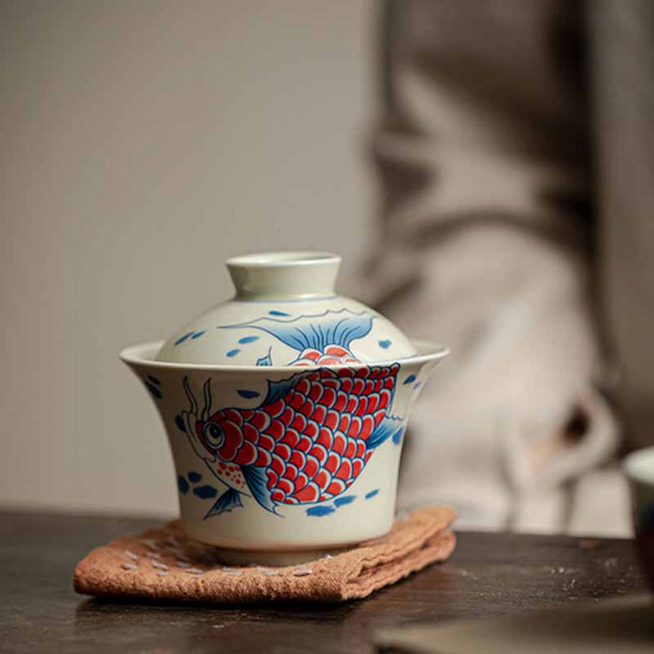 Buddha Stones鯉アロワナ陶器蓋湾三彩ティーカップカンフーティーカップ蓋付き130ml