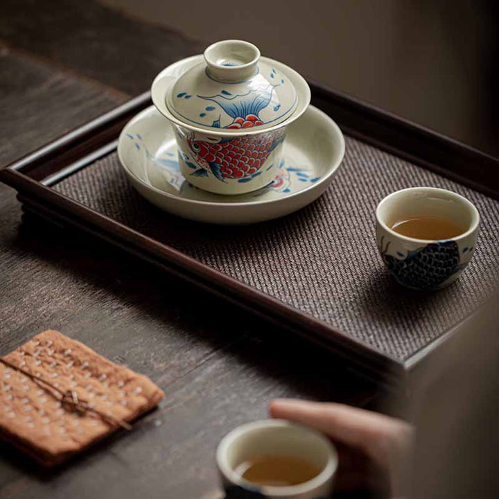 Buddha Stones鯉アロワナ陶器蓋湾三彩ティーカップカンフーティーカップ蓋付き130ml