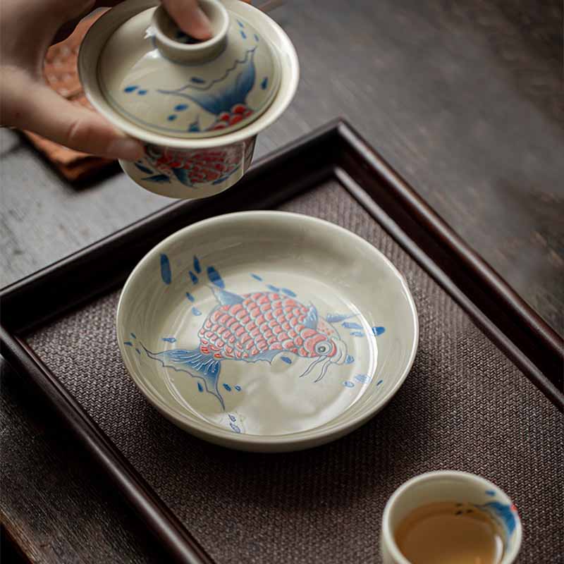 Buddha Stones鯉アロワナ陶器蓋湾三彩ティーカップカンフーティーカップ蓋付き130ml