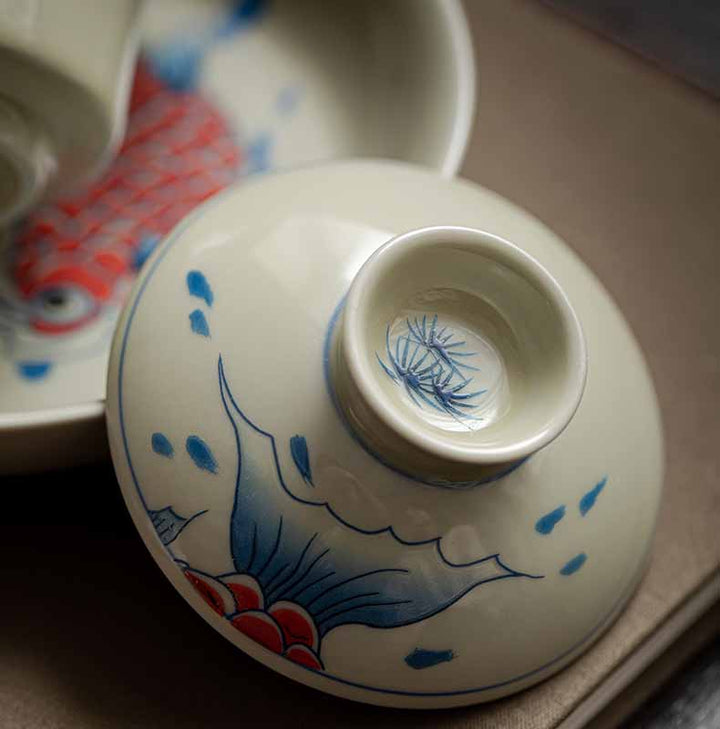 Buddha Stones鯉アロワナ陶器蓋湾三彩ティーカップカンフーティーカップ蓋付き130ml