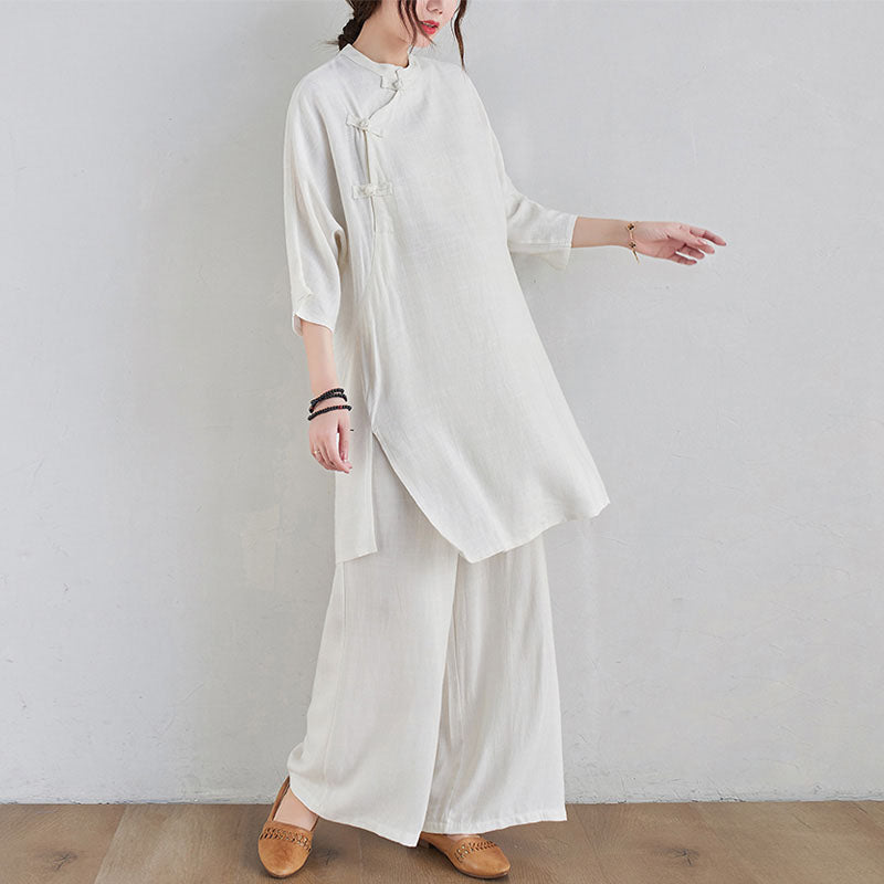 Buddha Stones2点セット 無地デザイン 禅 太極拳 瞑想服 コットンリネン トップス パンツ レディース セット - image 14