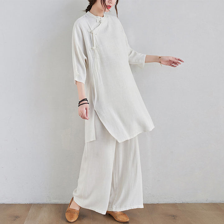 Buddha Stones2点セット 無地デザイン 禅 太極拳 瞑想服 コットンリネン トップス パンツ レディース セット - image 14