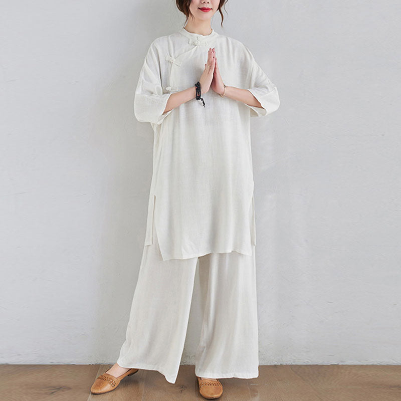 Buddha Stones2点セット 無地デザイン 禅 太極拳 瞑想服 コットンリネン トップス パンツ レディース セット - image 15