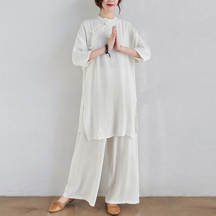 Buddha Stones2点セット 無地デザイン 禅 太極拳 瞑想服 コットンリネン トップス パンツ レディース セット - image 15