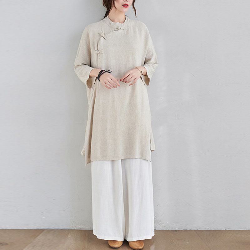 Buddha Stones2点セット 無地デザイン 禅 太極拳 瞑想服 コットンリネン トップス パンツ レディース セット - image 1