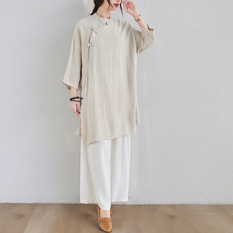 Buddha Stones2点セット 無地デザイン 禅 太極拳 瞑想服 コットンリネン トップス パンツ レディース セット - image 3