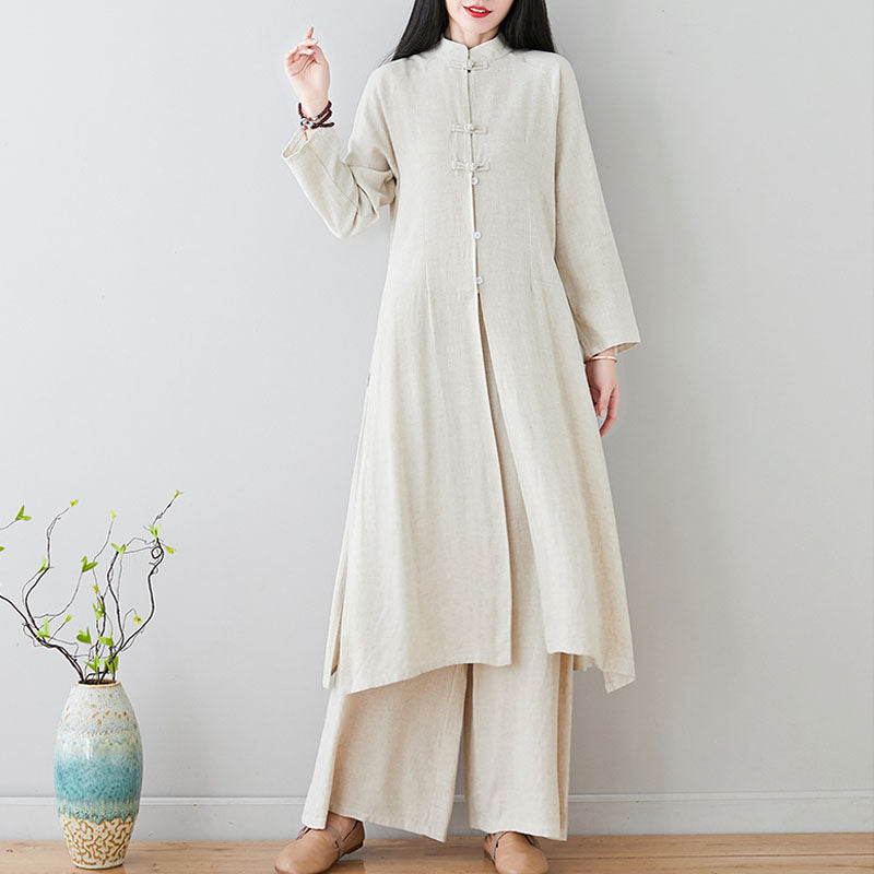 Buddha Stones2個 中国風 カエルボタンデザイン 禅 太極拳 瞑想服 コットンリネン トップス パンツ レディース セット - ベージュ（トップス＆パンツ）- US8-10，UK/AU12-14，EU40-42 (2XL) - image 0
