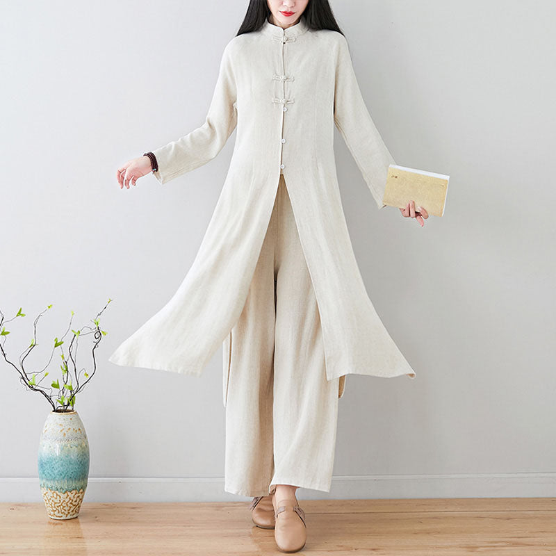Buddha Stones2個 中国風 カエルボタンデザイン 禅 太極拳 瞑想服 コットンリネン トップス パンツ レディース セット - image 1