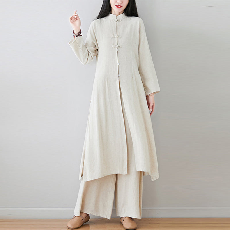 Buddha Stones2個 中国風 カエルボタンデザイン 禅 太極拳 瞑想服 コットンリネン トップス パンツ レディース セット - image 18
