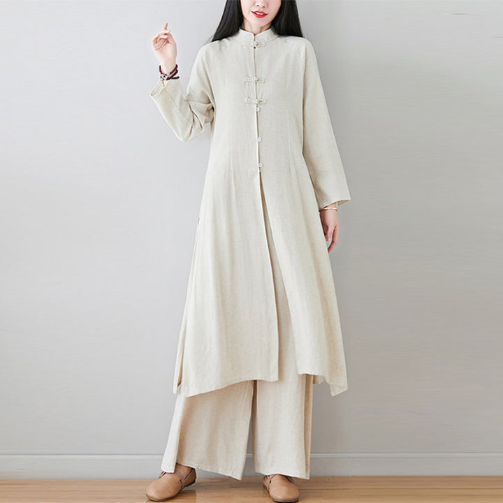 Buddha Stones2個 中国風 カエルボタンデザイン 禅 太極拳 瞑想服 コットンリネン トップス パンツ レディース セット - image 18