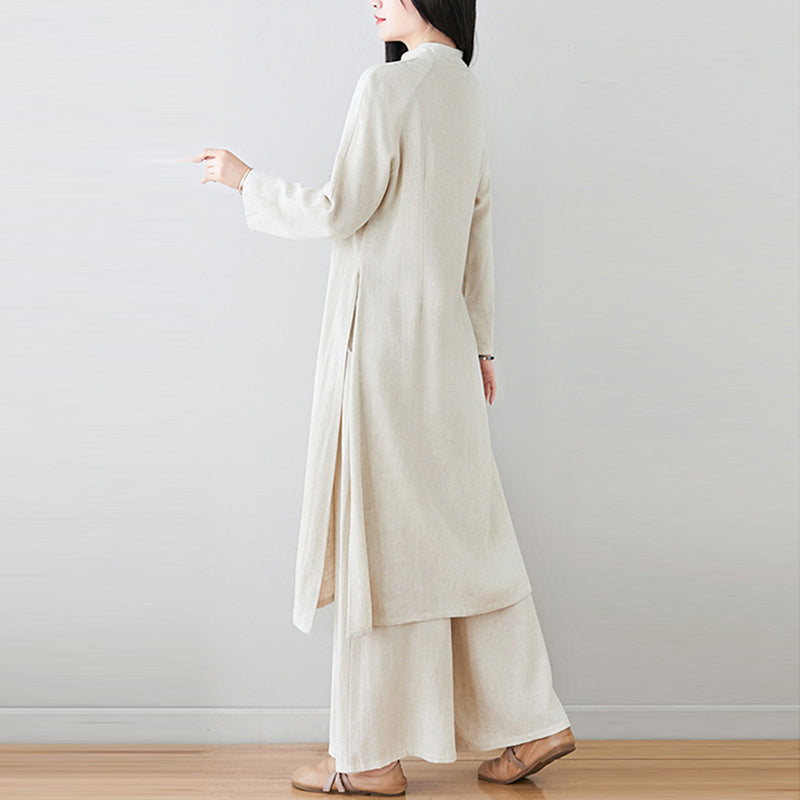 Buddha Stones2個 中国風 カエルボタンデザイン 禅 太極拳 瞑想服 コットンリネン トップス パンツ レディース セット - image 3