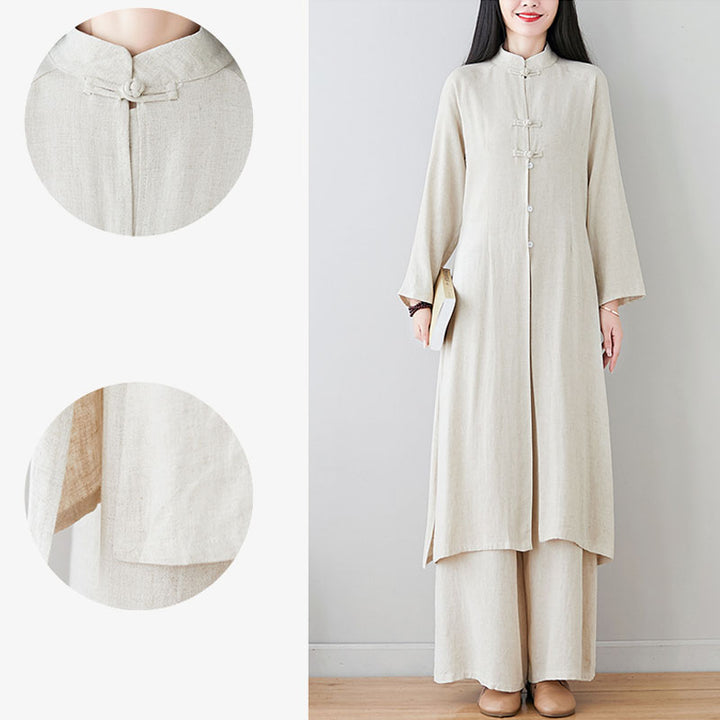 Buddha Stones2個 中国風 カエルボタンデザイン 禅 太極拳 瞑想服 コットンリネン トップス パンツ レディース セット - image 16