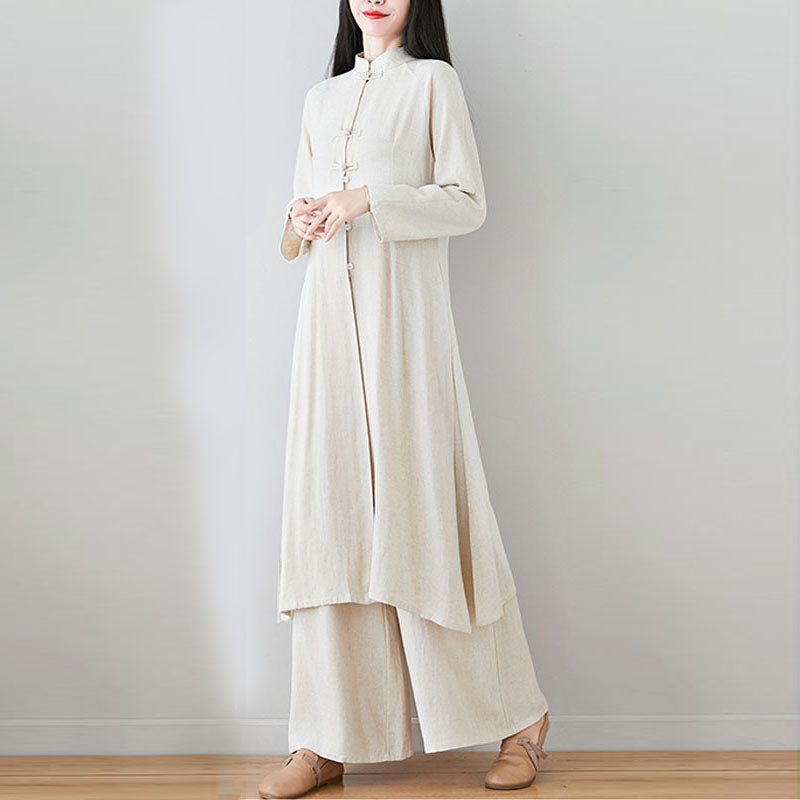 Buddha Stones2個 中国風 カエルボタンデザイン 禅 太極拳 瞑想服 コットンリネン トップス パンツ レディース セット - image 21