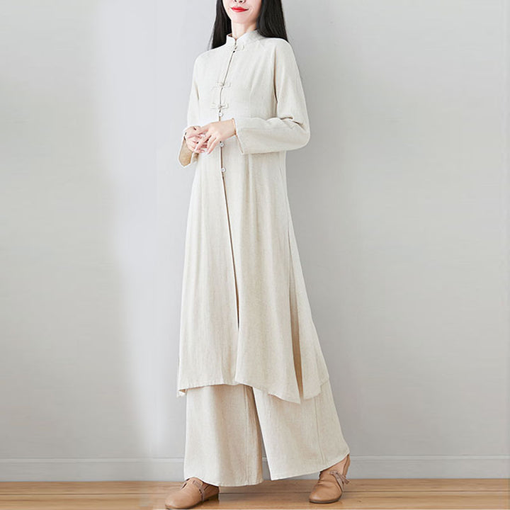 Buddha Stones2個 中国風 カエルボタンデザイン 禅 太極拳 瞑想服 コットンリネン トップス パンツ レディース セット - image 21