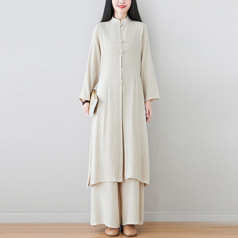 Buddha Stones2個 中国風 カエルボタンデザイン 禅 太極拳 瞑想服 コットンリネン トップス パンツ レディース セット - image 2