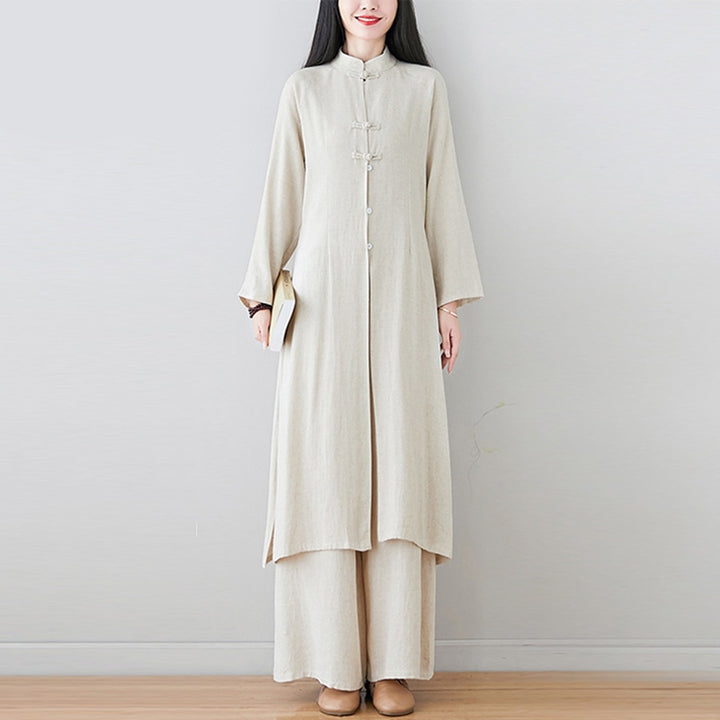 Buddha Stones2個 中国風 カエルボタンデザイン 禅 太極拳 瞑想服 コットンリネン トップス パンツ レディース セット - image 2