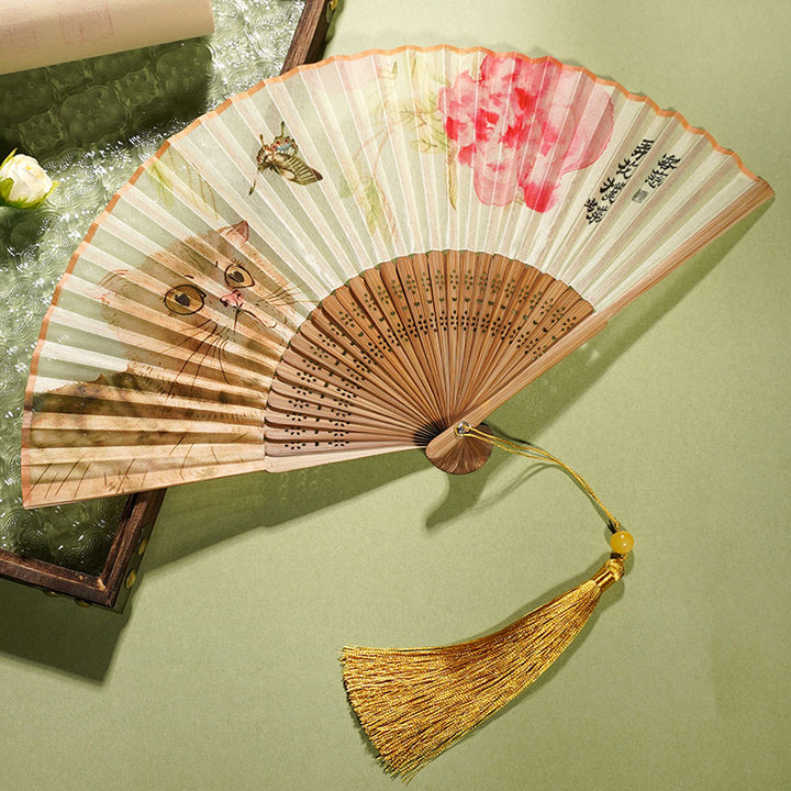 Buddha Stonesかわいい猫 蝶 花柄 手持ち シルク 竹 扇子 21cm