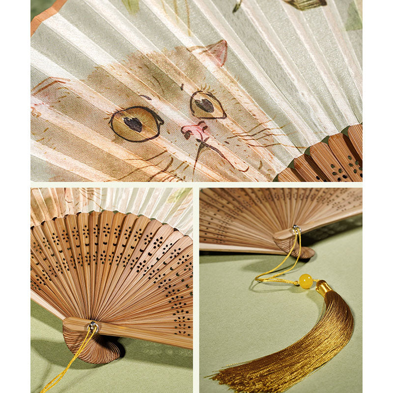 Buddha Stonesかわいい猫 蝶 花柄 手持ち シルク 竹 扇子 21cm