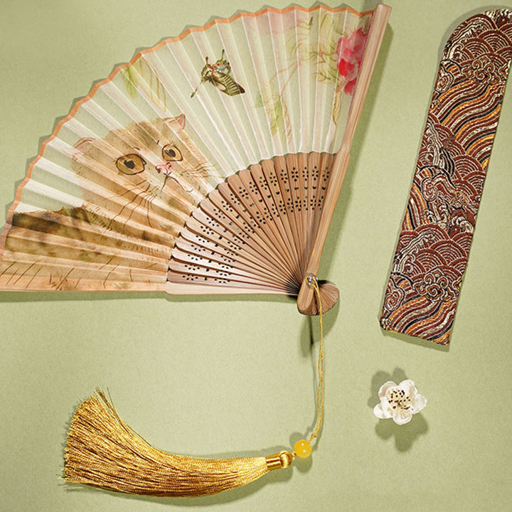 Buddha Stonesかわいい猫 蝶 花柄 手持ち シルク 竹 扇子 21cm
