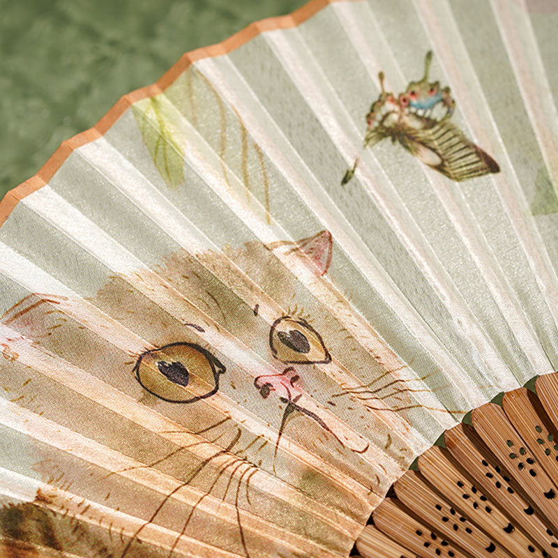Buddha Stonesかわいい猫 蝶 花柄 手持ち シルク 竹 扇子 21cm