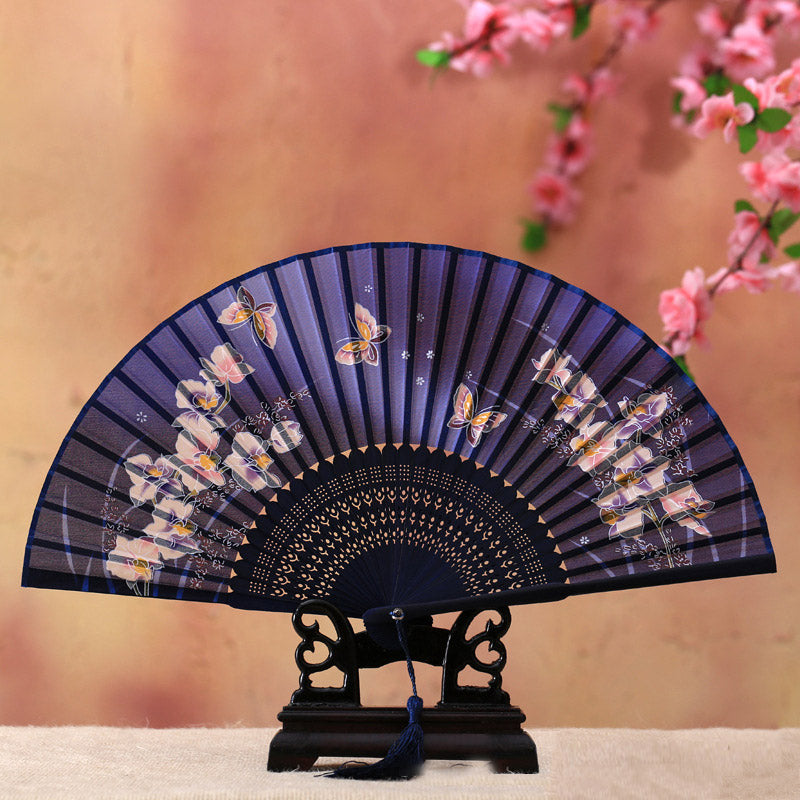 Buddha Stones桜 ユリ 蝶 竹 手持ち 竹扇子 21cm