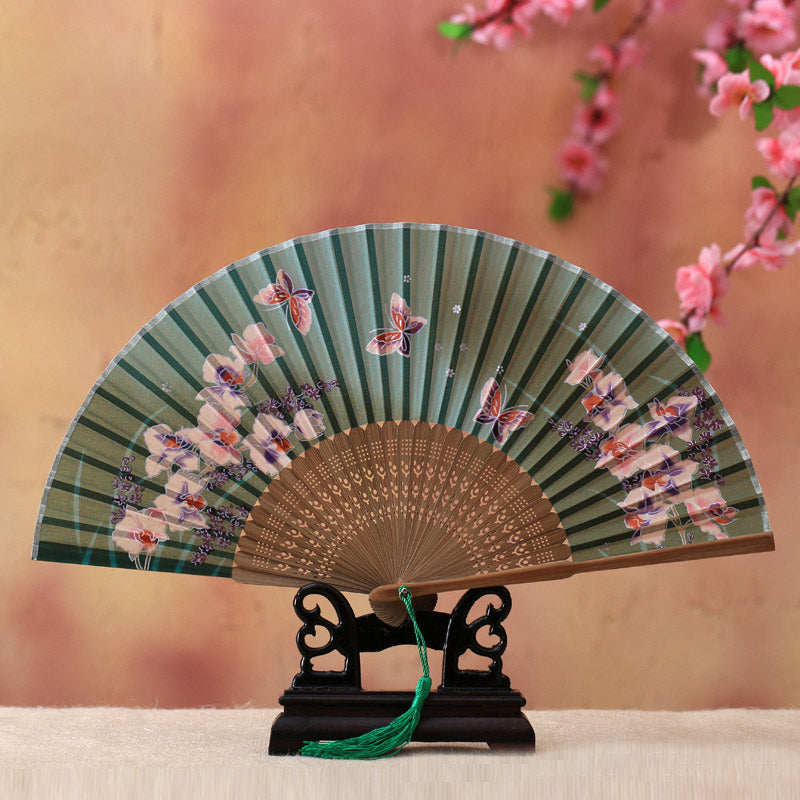 Buddha Stones桜 ユリ 蝶 竹 手持ち 竹扇子 21cm