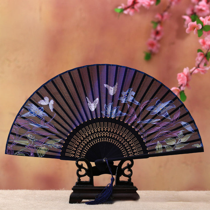 Buddha Stones桜 ユリ 蝶 竹 手持ち 竹扇子 21cm