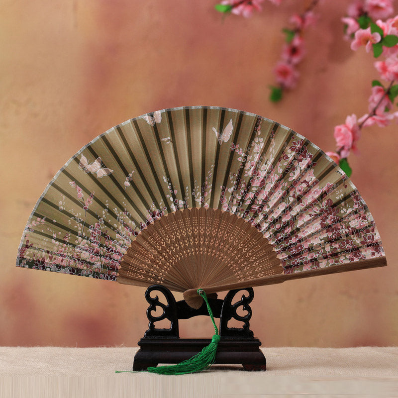 Buddha Stones桜 ユリ 蝶 竹 手持ち 竹扇子 21cm
