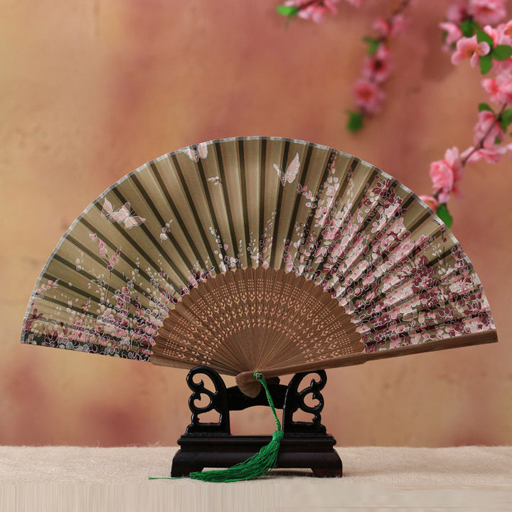 Buddha Stones桜 ユリ 蝶 竹 手持ち 竹扇子 21cm