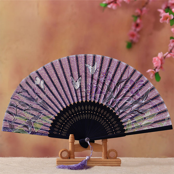 Buddha Stones桜 ユリ 蝶 竹 手持ち 竹扇子 21cm