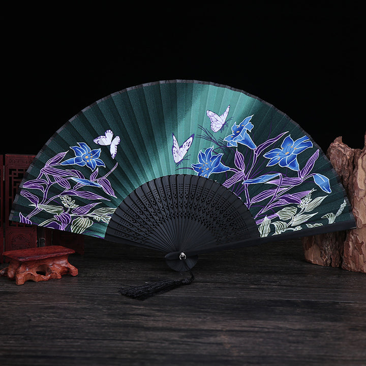Buddha Stones桜 ユリ 蝶 竹 手持ち 竹扇子 21cm