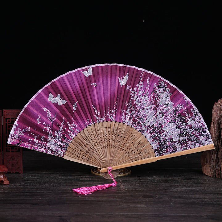 Buddha Stones桜 ユリ 蝶 竹 手持ち 竹扇子 21cm