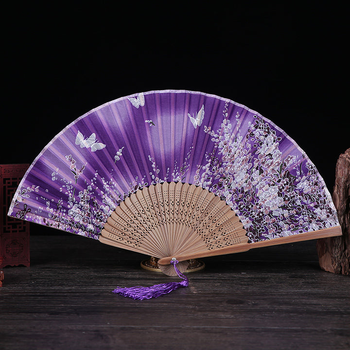Buddha Stones桜 ユリ 蝶 竹 手持ち 竹扇子 21cm