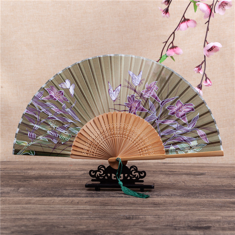 Buddha Stones桜 ユリ 蝶 竹 手持ち 竹扇子 21cm