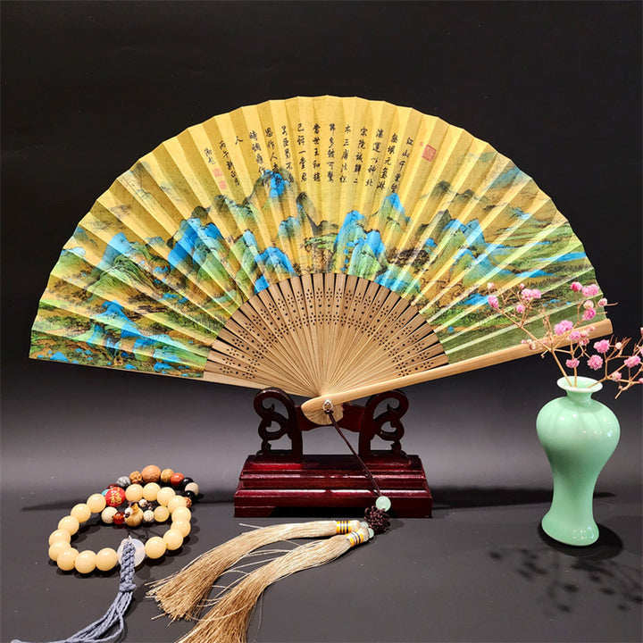 Buddha Stones、山河のパノラマ、鶴、蘭の花、紙、竹、手持ちシルク竹扇子 22cm - 川と山のパノラマ 22cm - image 1