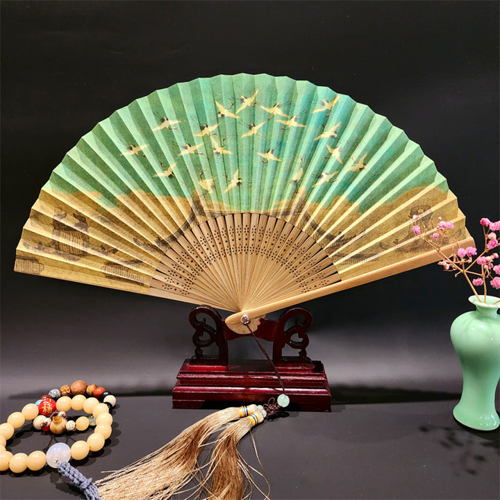 Buddha Stones、山河のパノラマ、鶴、蘭の花、紙、竹、手持ちシルク竹扇子 22cm - 縁起の良い鶴 22cm - image 3