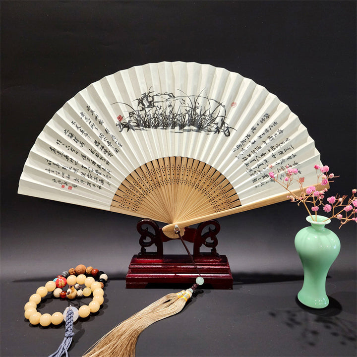Buddha Stones、山河のパノラマ、鶴、蘭の花、紙、竹、手持ちシルク竹扇子 22cm - 蘭 22cm - image 4