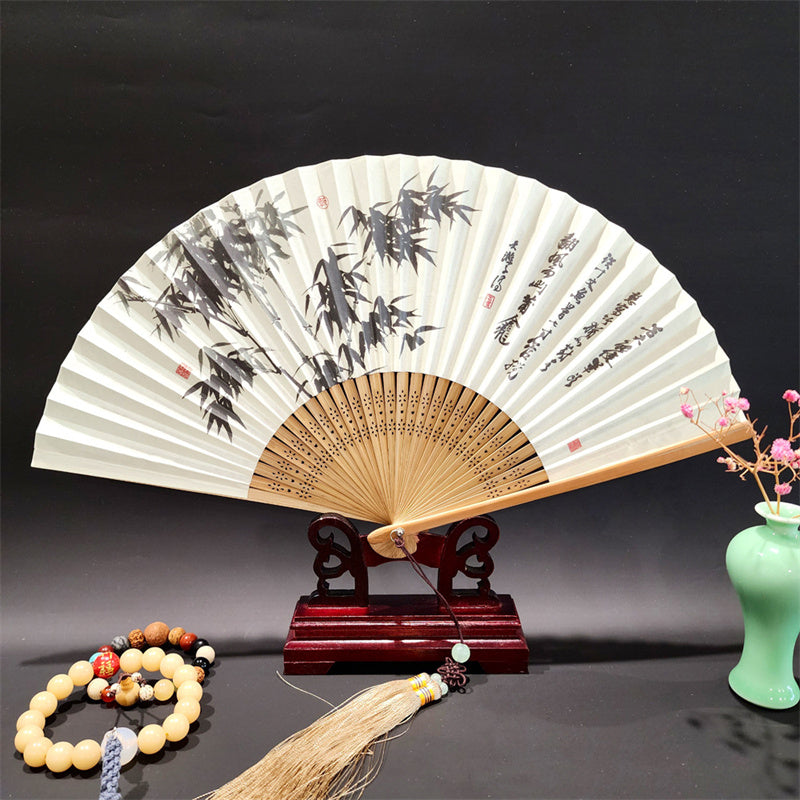 Buddha Stones、山河のパノラマ、鶴、蘭の花、紙、竹、手持ちシルク竹扇子 22cm - 竹の葉 22cm - image 9