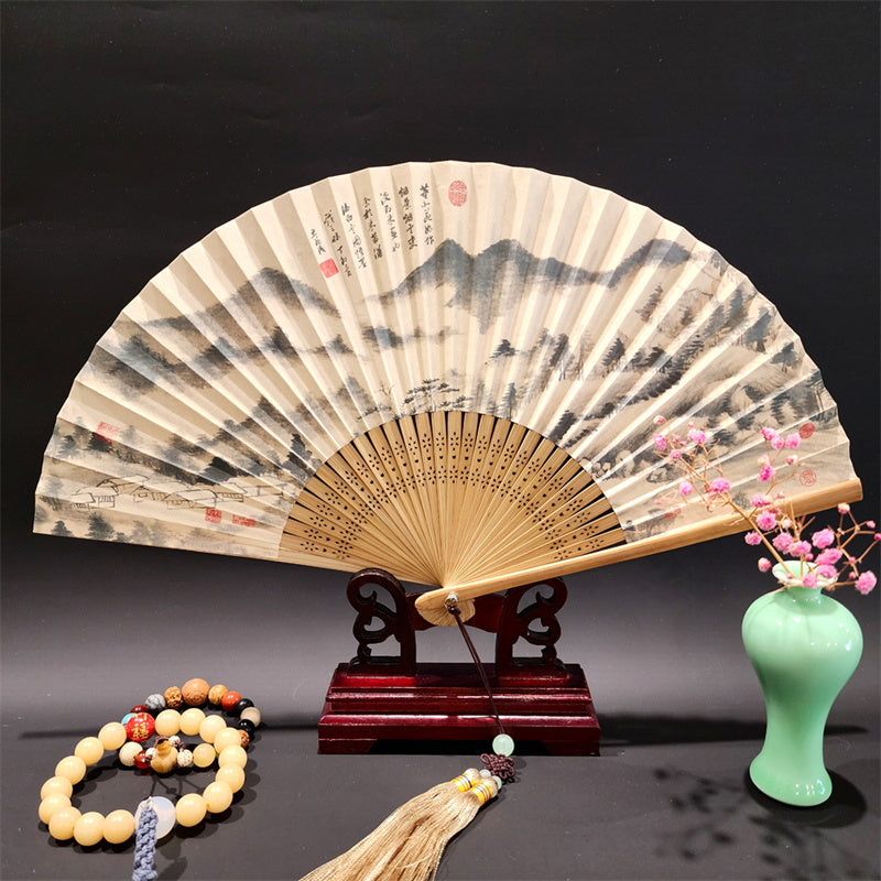 Buddha Stones、山河のパノラマ、鶴、蘭の花、紙、竹、手持ちシルク竹扇子 22cm - 山と雲 22cm - image 10