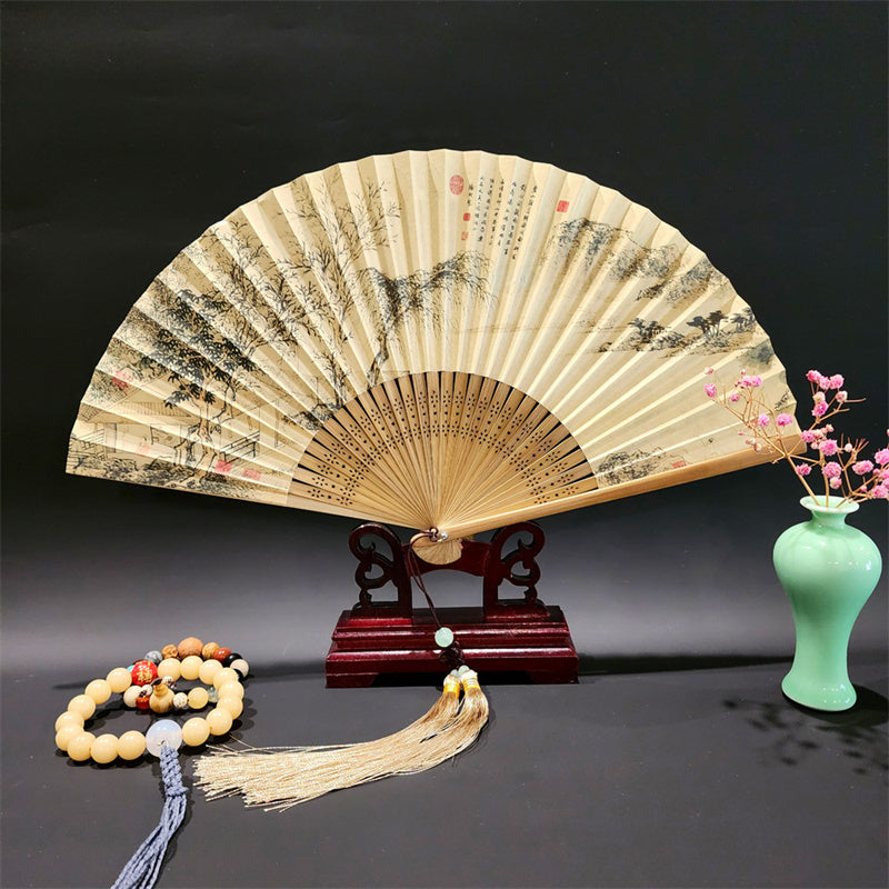 Buddha Stones、山河のパノラマ、鶴、蘭の花、紙、竹、手持ちシルク竹扇子 22cm - 山と木 22cm - image 11