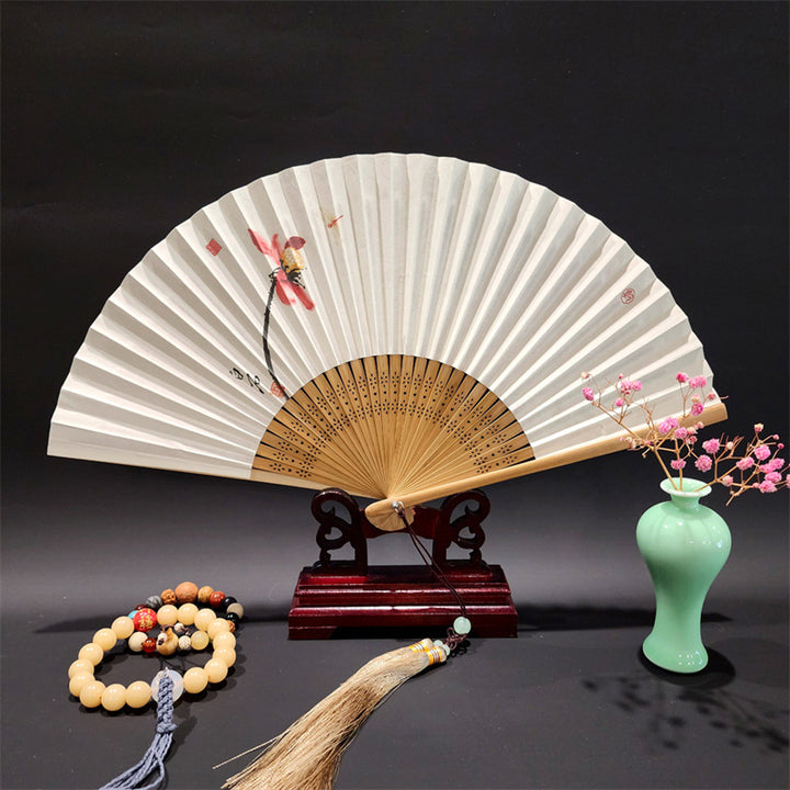 Buddha Stones、山河のパノラマ、鶴、蘭の花、紙、竹、手持ちシルク竹扇子 22cm - レッドロータス 22cm - image 12