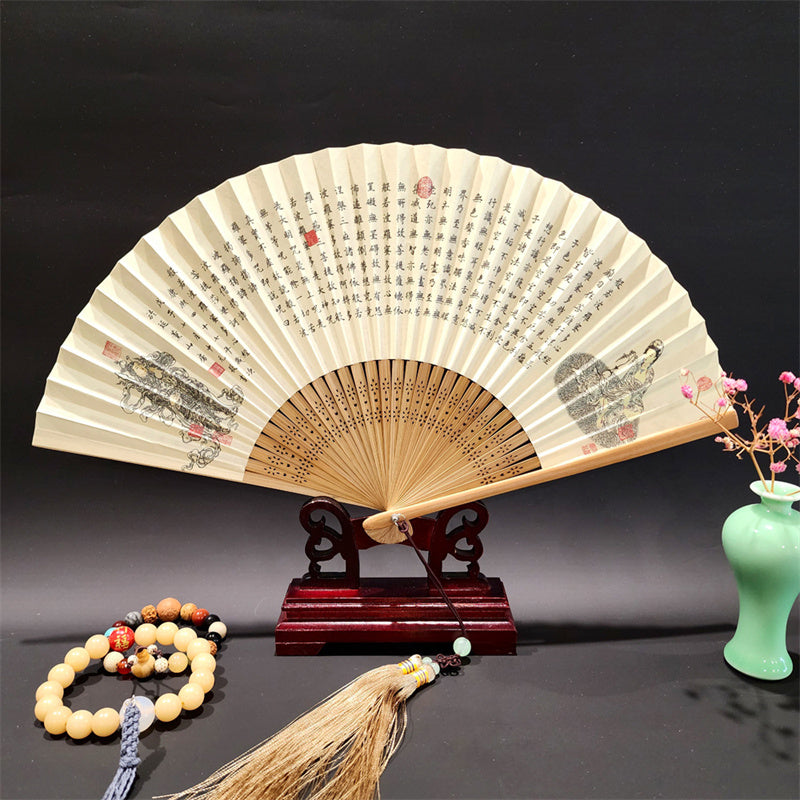 Buddha Stones、山河のパノラマ、鶴、蘭の花、紙、竹、手持ちシルク竹扇子 22cm - 般若心経 22cm - image 14